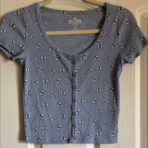 Hollister Blue Baby Tee size XS with Butterfly Design